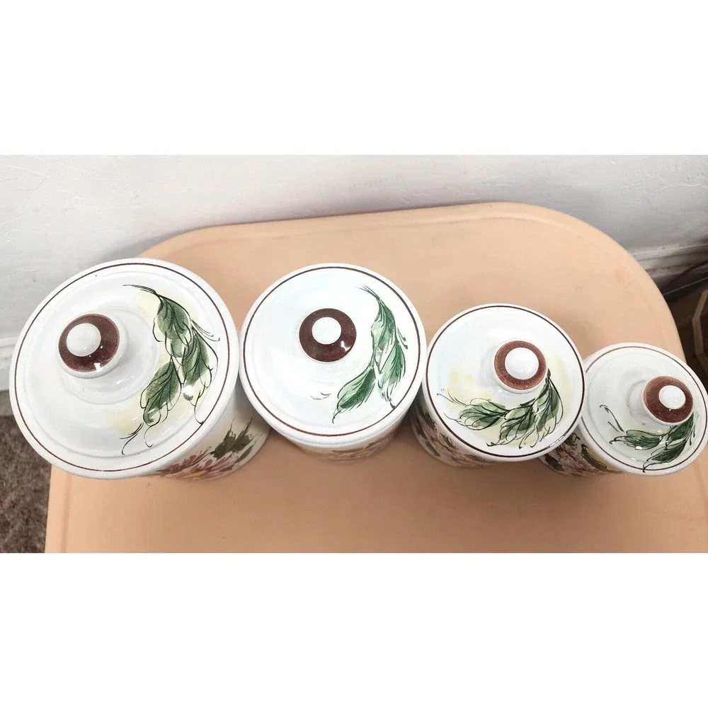 Vintage Norleans Set of 4 Floral Hand Painted Ceramic Canister‎ Made in Portogal